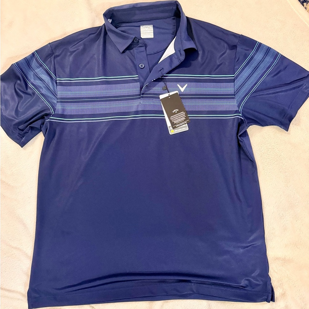 Callaway Navy and Light Blue Striped Polo Shirt - BRAND NEW WITH TAGS